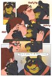  &lt;3 &lt;3_eyes absurd_res anthro black_body black_fur blush bodily_fluids claws colored comic dialogue duo english_text eye_contact eyewear french_kissing fur glasses hand_on_face hi_res human kissing looking_at_another male male/male mammal one_eye_closed saliva saliva_string speech_bubble text throatspit tongue tongue_out ursid 