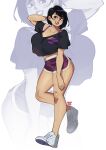  1girl absurdres black_eyes black_hair black_shirt breasts cleavage collarbone english_commentary gym_shorts hair_behind_ear highres original parted_lips purple_shorts shirt shoes short_shorts shorts smile sneakers snowcie solo white_background white_footwear zoom_layer 