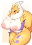  2022 absurd_res anthro areola bandai_namco big_breasts black_sclera blue_eyes breasts digimon digimon_(species) female fur hi_res looking_at_viewer multicolored_body multicolored_fur nipples renamon solo tailzkim white_body white_fur yellow_body yellow_fur 