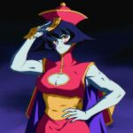  1990s_(style) 1girl absurdres bangs blue_background blue_nails blush breasts brown_eyes cleavage cleavage_cutout clothing_cutout dress frown hand_on_hip highres jiangshi lei_lei levidu99 medium_breasts pink_dress pink_headwear retro_artstyle salute short_hair solo talisman vampire_(game) 
