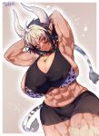  1girl abs animal_ears armpits arms_behind_head bell black_hair blush body_fur breasts cathyl commentary_request commission cow_ears cow_girl cow_horns cow_tail cowbell cowboy_shot dated facial_mark hair_between_eyes hands_up horns huge_breasts midriff monster_musume_no_iru_nichijou mouth_hold multicolored_hair muscular muscular_female neck_bell outline ponytail raised_eyebrow redilvirep short_hair short_shorts shorts sidelocks signature skeb_commission solo sports_bra sportswear stalk stalk_in_mouth sweat tail white_hair white_outline 