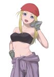  1girl :d bandana bandeau black_bandeau blonde_hair blue_eyes breasts clothes_around_waist cowboy_shot fullmetal_alchemist gloves hand_on_hip highres holding holding_wrench long_hair looking_at_viewer midriff navel red_bandana shimizu_tomoki shirt shirt_around_waist smile solo white_background winry_rockbell wrench 