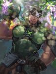  1boy 5cm_housamo absurdres armor bara black_gloves black_hair closed_mouth facial_hair gloves highres holding holding_weapon large_pectorals lilac_(live_a_hero) live_a_hero looking_at_viewer male_focus multicolored_hair muscular muscular_male pectorals short_hair solo two-tone_hair weapon white_hair 