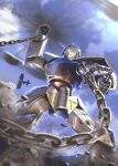  aircraft airplane ball_and_chain_(weapon) biplane cloud flying glowing glowing_eye gundam holding holding_weapon mecha mobile_suit no_humans orange_eyes signature sky solo totthii0081 turn_a_gundam turn_a_gundam_(mobile_suit) weapon 