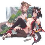  2girls ? absurdres animal_ears ascot black_hair blush breast_grab breasts brown_ascot brown_eyes brown_hair eliskalti frilled_sleeves frills grabbing highres horse_ears horse_girl horse_tail kitasan_black_(umamusume) kouhaku_nawa large_breasts multicolored_hair multiple_girls red_eyes rope round_teeth satono_diamond_(umamusume) shimenawa sleeves_past_fingers sleeves_past_wrists streaked_hair tail teeth thighhighs umamusume white_hair yuri 