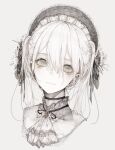  1girl absurdres ascot bangs blush choker closed_mouth eyebrows_visible_through_hair greyscale hair_between_eyes highres hito_komoru looking_at_viewer medium_hair monochrome original portrait simple_background solo twintails white_background 