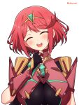  1girl bangs black_gloves breasts chest_jewel earrings fingerless_gloves gem gloves headpiece highres jewelry large_breasts mochimochi_(xseynao) pyra_(xenoblade) red_hair short_hair simple_background smile solo swept_bangs tiara white_background xenoblade_chronicles_(series) xenoblade_chronicles_2 
