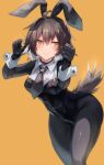  1girl ahoge animal_ears arknights black_gloves black_hairband black_legwear black_leotard black_necktie blush brown_hair closed_mouth fake_animal_ears feet_out_of_frame gloves grey_hair hairband hands_up leaning_forward leotard long_hair looking_away looking_to_the_side multicolored_hair necktie orange_eyes pantyhose paw_pose plume_(arknights) rabbit_ears sasa_onigiri short_hair smile solo standing tail tail_through_clothes thigh_gap thigha two-tone_hair wrist_cuffs 