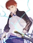  1boy commentary_request dual_wielding emiya_shirou expressionless fate/hollow_ataraxia fate/stay_night fate_(series) highres holding holding_sword holding_weapon jacket kanshou_&amp;_bakuya_(fate) kuromamechabita long_sleeves looking_at_viewer male_focus orange_hair raglan_sleeves red_hair serious shirt short_hair simple_background solo sword upper_body weapon white_shirt yellow_eyes yin_yang 