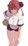  1girl absurdres alternate_costume ball bangs baseball baseball_mitt baseball_uniform blush breasts cleavage closed_mouth collarbone eyebrows_visible_through_hair hair_between_eyes hand_on_hip heterochromia highres holding holding_ball hololive houshou_marine large_breasts leaning_forward legs long_hair looking_at_viewer midriff navel red_eyes red_hair shirt short_shorts short_sleeves shorts simple_background solo sportswear stomach striped striped_shirt thighs tied_shirt twintails virtual_youtuber white_background white_shirt whitek yellow_eyes 