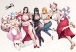  5girls arm_support armpits bangs bikini bikini_top_only blush boa_hancock bracelet breasts cleavage closed_mouth dress earrings geta highres horns jewelry large_breasts long_hair looking_at_viewer lying multiple_girls nami_(one_piece) navel nefertari_vivi nico_robin on_side one_piece parted_lips revealing_clothes rope shimenawa short_hair sian sideboob smile snake swimsuit yamato_(one_piece) 