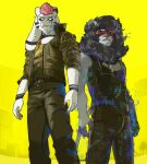  2021 anthro asriel_dreemurr asriel_dreemurr_(god_form) belt boss_monster bovid bulletproof_vest caprine clothing cybernetic_arm cybernetic_limb cybernetics cyberpunk cyberpunk_2077 cyborg dog_tags duo eyewear felid fur grey_body grey_fur grey_hair grey_mane grey_nose hair hi_res hologram jacket johnny_silverhand_(cyberpunk_2077) keanu_reeves lion lion_central machine male mammal mane mane_hair multicolored_body multicolored_fur pantherine pink_hair pose serious sharbee signature simple_background standing sunglasses topwear undertale undertale_(series) video_games white_body white_fur yellow_background 