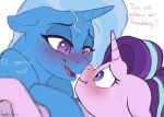  &lt;3 2016 blue_body blue_hair blush bodily_fluids boop duo embrace english_text equid equine female female/female feral friendship_is_magic hair horn horse looking_at_another mammal multicolored_hair my_little_pony open_mouth pony purple_eyes scorpion-89 simple_background starlight_glimmer_(mlp) sweat text trixie_(mlp) two_tone_hair unicorn white_background 