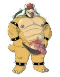  absurd_res bowser genitals hi_res hornyphobic humanoid_genitalia humanoid_penis koopa male mario_bros nintendo nipples penis pubes scalie simple_background solo tongue tongue_out video_games white_background 