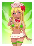 1girl :d blonde_hair bloodshot_eyes blue_eyes blush bow bracelet breasts dark_skin fairy_wings fishnet_legwear fishnets gradient gradient_background green_background half-closed_eyes hat highres jewelry joint_(drug) large_breasts lily_white long_hair looking_at_viewer marijuana marijuana_print navel open_mouth red_bow simple_background smile solo tan thighhighs touhou wings zakku_(kya--193) 