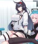  1boy 1girl :q absurdres animal_ears ansel_(arknights) arknights asymmetrical_legwear bangs black_gloves black_hair black_legwear black_skirt blaze_(arknights) blue_eyes blush bottomless breasts censored closed_mouth commentary english_commentary eyebrows_visible_through_hair girl_on_top gloves hairband hetero highres imminent_penetration indoors jacket kanta_(kanta_077) large_breasts long_sleeves looking_at_viewer lying mosaic_censoring on_back partially_unzipped penis pink_hair red_eyes red_hairband sitting skirt smile thigh_strap thighhighs thighs tongue tongue_out wariza white_gloves white_jacket white_legwear 