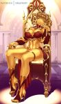  artist_name black_sclera breasts cleavage colored_sclera colored_skin creeping_coin_(monster_girl_encyclopedia) dr_altruist drill_hair extra_eyes gloves gold high_heels jewelry large_breasts looking_at_viewer monster_girl_encyclopedia nail_polish sitting throne yellow_eyes yellow_skin 