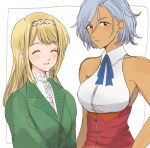  2girls ^_^ anastasia_palma blonde_hair blue_eyes blue_hair blue_ribbon breasts clarissa_snowflake closed_eyes collared_shirt dark-skinned_female dark_skin eyebrows_visible_through_hair green_jacket hair_behind_ear hairband halter_top halterneck high-waist_skirt jacket kamele medium_breasts multiple_girls neck_ribbon red_skirt ribbon sakura_taisen shin_sakura_taisen shirt sketch skirt white_background white_hairband white_shirt 