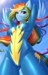  absurd_res anthro anthrofied anxiety-chan blue_body blue_feathers breasts clothed clothing equid equine feathers female friendship_is_magic hair hi_res mammal multicolored_hair my_little_pony pegasus rainbow_dash_(mlp) rainbow_hair solo wings 