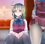  2girls aqua_bow aqua_bowtie blue_eyes bow bowtie braid breasts female_masturbation green_hair grey_legwear highres kantai_collection large_breasts long_hair long_sleeves masturbation masturbation_through_clothing mole mole_under_mouth multiple_girls panties panties_under_pantyhose pantyhose school_uniform shirt single_braid sitting solo_focus underwear user_zdcw5853 very_long_hair white_panties white_shirt yuugumo_(kancolle) 