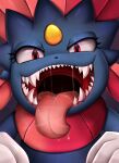  2022 absurd_res ambiguous_gender anthro bodily_fluids bust_portrait digital_media_(artwork) drooling front_view gaping_mouth hi_res looking_at_viewer nintendo open_mouth pok&eacute;mon pok&eacute;mon_(species) portrait pridark saliva sharp_teeth solo teeth tongue tongue_out video_games weavile 