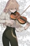 1girl bangs black_pants blonde_hair closed_mouth collared_shirt commentary fingernails green_eyes hair_between_eyes highres holding holding_instrument instrument itou_(very_ito) long_hair long_sleeves looking_down music original pants playing_instrument shirt simple_background smile solo violin white_background white_shirt 