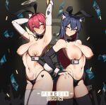  2girls absurdres animal_ears arknights arms_up bangs bikini bikini_bottom_only black_bikini black_bow black_bowtie black_hair black_legwear blush bow bowtie breasts bridal_gauntlets closed_mouth colored_inner_hair contrapposto covered_nipples cowboy_shot dark_background detached_collar detached_wings elbow_gloves energy_wings exusiai_(arknights) eyebrows_visible_through_hair fake_animal_ears fake_tail gloves halo hand_on_hip hanenosaki heart heart-shaped_pupils highres id_card large_breasts long_hair looking_at_viewer lungmen_dollar money multicolored_hair multiple_girls navel nipple_piercing nipples parted_lips piercing rabbit_ears rabbit_tail red_hair scar short_hair smile spotlight stomach stripper_pole swimsuit symbol-shaped_pupils tail texas_(arknights) thighhighs topless traditional_bowtie v-shaped_eyebrows very_long_hair white_gloves white_legwear wings wolf_ears wolf_girl wolf_tail wrist_cuffs yellow_eyes 