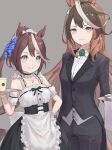  2girls alternate_costume animal_ears apron blouse blue_eyes bow bowtie brown_hair butler cowboy_shot enmaided formal frilled_apron frilled_blouse frills grey_background hair_flaps high_ponytail highres horse_ears horse_girl horse_tail long_hair looking_at_viewer maid maid_headdress multicolored_hair multiple_girls purple_eyes simple_background streaked_hair suit symboli_rudolf_(umamusume) tail tem_(tempainting1) tokai_teio_(umamusume) tuxedo two-tone_hair umamusume white_apron white_blouse white_hair 