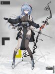  1girl absurdres ahoge alternate_costume arknights arrow_(projectile) asymmetrical_legwear bangs belt black_gloves black_legwear blue_hair bow_(weapon) braid commentary_request compound_bow detached_sleeves eyebrows_visible_through_hair full_body ganyu_(genshin_impact) genshin_impact gloves groin hair_between_eyes highres holding holding_arrow holding_bow_(weapon) holding_weapon kelun long_hair looking_at_viewer purple_eyes sidelocks single_braid smile solo standing thighlet weapon 