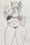  anthro big_breasts bikini bikini_bottom bikini_top breasts camel_toe canid canine clothing ear_piercing ear_ring eyelashes female fibbelous fluffy fluffy_tail hand_behind_back hi_res looking_at_viewer mammal monochrome navel piercing simple_background slightly_chubby solo swimwear thick_thighs 