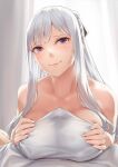  1boy 1girl ak-12_(girls&#039;_frontline) backlighting bangs bare_shoulders blush breast_squeeze breasts bulge collarbone erection erection_under_clothes girls&#039;_frontline half_updo hetero kageshio_(276006) large_breasts long_hair looking_at_viewer paizuri paizuri_under_clothes purple_eyes sidelocks smile towel white_hair 