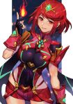  1girl bangs black_gloves breasts chest_jewel earrings fingerless_gloves gloves headpiece hungry_clicker jewelry large_breasts pyra_(xenoblade) red_eyes red_hair red_legwear red_shorts short_hair short_shorts shorts solo swept_bangs thighhighs tiara xenoblade_chronicles_(series) xenoblade_chronicles_2 