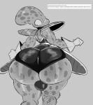  2022 alien anthro appule armor backsack balls big_butt biped blush butt clothing digital_media_(artwork) dragon_ball dragon_ball_z genitals gloves handwear hi_res huge_butt looking_back male not_furry rear_view simple_background solo standing text thick_thighs uromatsu wide_hips 