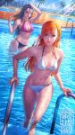  2girls beach bikini black_hair blue_eyes blue_sky final_fantasy final_fantasy_xiv gaia_(ff14) highres light_rays long_hair looking_at_viewer multiple_girls nariann navel orange_hair palm_tree parted_lips pool pool_ladder ryne sky stomach sunlight swimsuit tree wet wet_hair white_bikini 