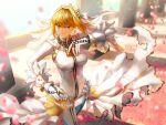  1girl absurdres bangs blonde_hair bodysuit breasts chain fate/extra fate/extra_ccc fate_(series) green_eyes head_wreath highres kankitsurui_(house_of_citrus) large_breasts lock long_hair looking_at_viewer nero_claudius_(bride)_(fate) nero_claudius_(fate) padlock smile solo veil white_bodysuit zipper 