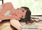  1girl absurdres bare_shoulders black_hair blue_eyes book breasts collarbone dress highres holding holding_book indoors lips long_hair looking_at_viewer lying mitsuya_ryo on_floor on_side original parted_lips small_breasts solo white_dress wooden_floor 