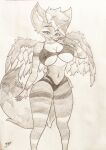  5_fingers anthro bra breast_squish breasts canid canine clothing eyelashes feathered_wings feathers female female/female fibbelous fingers fluffy fluffy_tail hair hi_res mammal monochrome panties short_hair sketch slim solo squish striped_body stripes underwear wings 