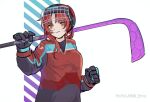  1girl adapted_costume bangs black_gloves closed_mouth emu_(hoyolab) gloves hockey_mask hockey_stick hockey_sweater holding honkai_(series) honkai_impact_3rd long_hair long_sleeves looking_at_viewer mask murata_himeko murata_himeko_(scarlet_fusion) red_hair red_shirt shirt smile solo white_background yellow_eyes 