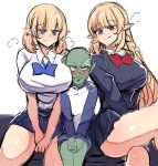  1boy 2girls age_difference blonde_hair blue_eyes blush bow bowtie breasts earrings elf goblin highres hinghoi jewelry large_breasts licking_lips long_hair multiple_girls onee-shota original own_hands_together pointy_ears sitting sketch skirt smug tongue tongue_out wavy_mouth 