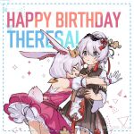  2girls animal_ears back bangs bare_shoulders blue_eyes character_name chinese_clothes closed_eyes closed_mouth crown dress dual_persona emu_(hoyolab) fox_ears gloves happy_birthday honkai_(series) honkai_impact_3rd hug long_hair multiple_girls off-shoulder_dress off_shoulder open_mouth pink_dress rabbit_tail shirt side_ponytail tail theresa_apocalypse theresa_apocalypse_(sakura_rondo) theresa_apocalypse_(starlit_astrologos) white_gloves white_hair white_shirt zhuge_kongming_(honkai_impact) 