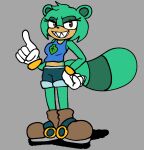  anthro breasts brown_eyes canid canine clothed clothing dezmine21 dezza_(dezmine21) digital_media_(artwork) female footwear fur gloves green_body green_fur hair handwear hi_res looking_at_viewer mammal open_mouth raccoon_dog sega sharp_teeth simple_background smile solo sonic_the_hedgehog_(series) tanuki teeth topwear 