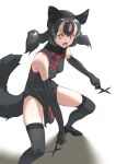  1girl :o absurdres animal_ears aye-aye_(kemono_friends) bare_shoulders black_dress black_footwear black_gloves black_hair black_legwear breasts china_dress chinese_clothes commentary dress elbow_gloves eyebrows_visible_through_hair fighting_stance gloves high_heels highres kemono_friends legs_apart lemur_ears lemur_tail long_hair looking_at_viewer multicolored_hair open_mouth orange_eyes shoes shuriken simple_background sleeveless sleeveless_dress small_breasts solo tail tanabe_(fueisei) thighhighs twintails weapon white_background zettai_ryouiki 