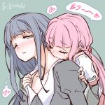  2girls aqua_eyes artist_name blue_hair braid closed_eyes clothes_pull hand_on_another&#039;s_arm heart kiss kissing_neck long_hair magia_record:_mahou_shoujo_madoka_magica_gaiden mahou_shoujo_madoka_magica multiple_girls nanami_yachiyo one_eye_closed pink_hair school_uniform serafuku simple_background spoken_heart studiozombie tamaki_iroha upper_body yuri 