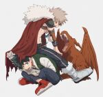  2boys akiyama_(noconoco) bakugou_katsuki bangs blonde_hair boku_no_hero_academia cape costume dragon freckles full_body green_eyes green_hair highres male_focus midoriya_izuku multiple_boys red_footwear short_hair simple_background sitting sitting_on_person spiked_hair toned toned_male torn_cape torn_clothes white_background 