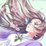  1girl aqua_background artist_name blue_butterfly branch breasts brown_hair bug butterfly cardigan expressionless falling flower hair_behind_ear korean_commentary leaf looking_up medium_breasts original pink_flower purple_cardigan purple_eyes shirt signature solo toti_(tt_o_tiii) white_shirt 