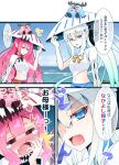  2girls asymmetrical_sleeves blue_eyes blush cernunnos_(fate) cosplay danna_(tsukimisou) fairy_knight_tristan_(fate) fang fate/grand_order fate_(series) grey_eyes highres long_hair midriff morgan_le_fay_(fate) multiple_girls navel ocean pink_hair pointy_ears ponytail silver_hair tearing_up trung_nhi_(fate) trung_nhi_(fate)_(cosplay) trung_trac_(fate) 
