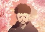  1boy anime_screencap bad_bunny beard black_eyes black_hair black_hoodie cherry_blossoms curly_hair earrings facial_hair frown hood hood_down hoodie jewelry male_focus official_art petals real_life sky solo third-party_source upper_body 