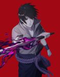  1boy absurdres black_eyes black_hair blood blood_from_eyes eyebrows_behind_hair hair_over_eyes highres male_focus mond_sl motion_blur naruto_(series) naruto_shippuuden red_background reverse_grip sharingan solo sword uchiha_sasuke upper_body weapon 