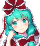  1girl arm_up bangs blush bow commentary dress eyelashes face frilled_dress frills green_eyes green_hair hair_bow kageharu kagiyama_hina lips looking_at_viewer portrait red_dress smile solo touhou 