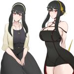  1girl bare_shoulders black_dress black_hair breasts cleavage dress hairband jewelry kisou_(kisou00) large_breasts necklace open_clothes red_eyes sidelocks simple_background smile solo spy_x_family thick_thighs thighs white_background yor_briar 